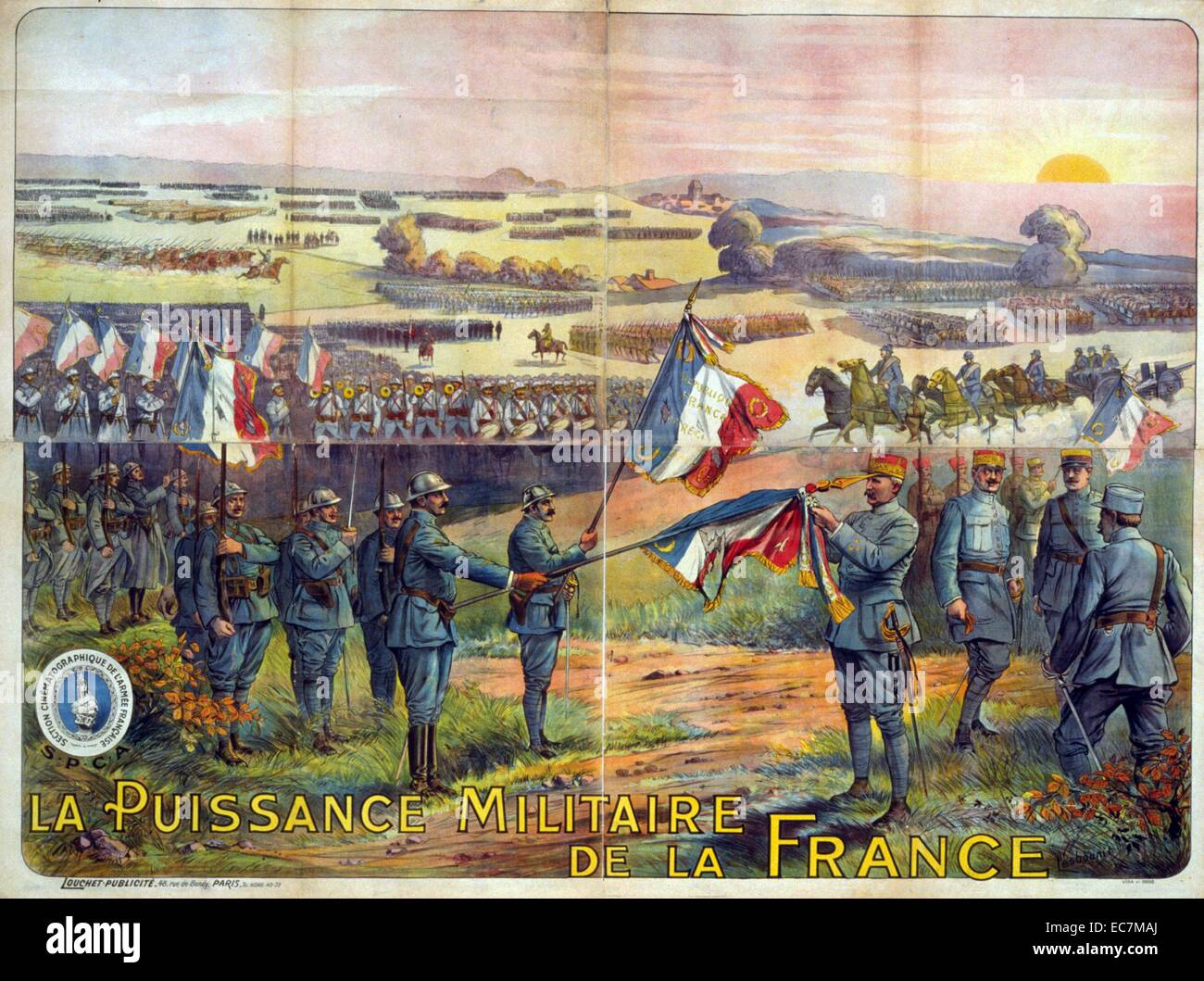 La puissance militaire de la France. French troops (infantrymen, cavalry, etc.) gathering on a field. Field Marshal Philippe Petain (1856-1951) is pinning a medal on a French flag. Stock Photo