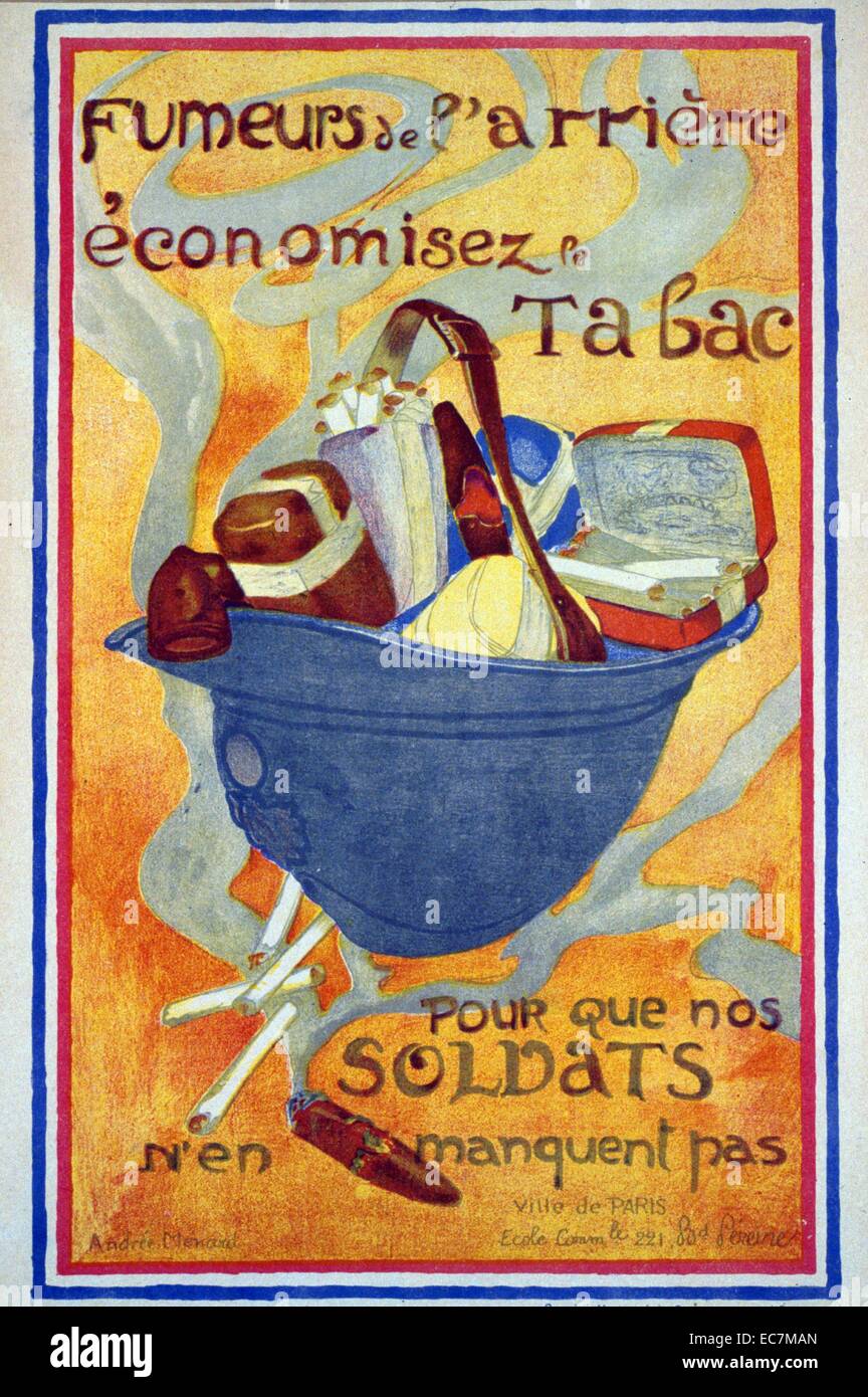 Civilian smokers, save tobacco for our soldiers. Poster showing a soldier's helmet filled with tobacco products from a group of posters designed by school children and others. Stock Photo