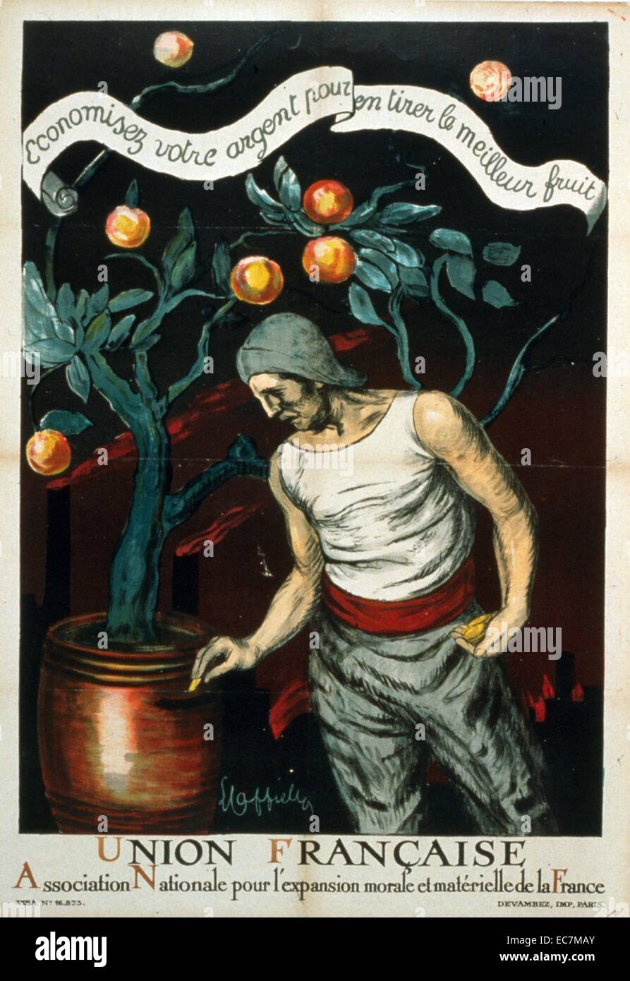 Combined National French Association for the moral and material growth of France. Save your money for greater benefits. A man places coins into a pot which holds a fruit tree. Stock Photo