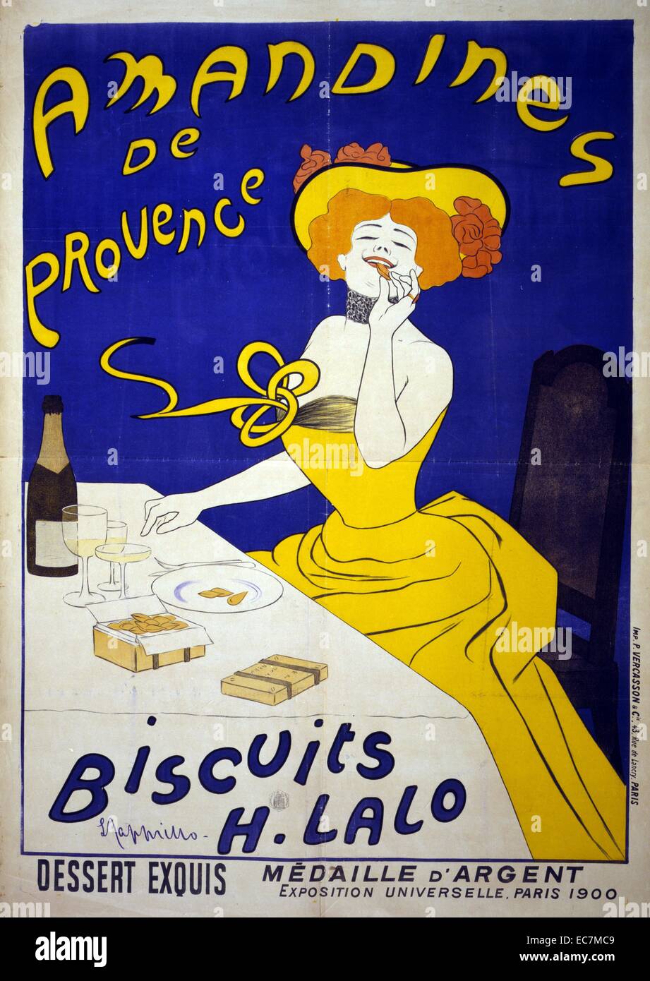 Amandines de Provence - Biscuits H. Lalo. A poster from the Paris Exposition advertising French food and showing a woman eating almond biscuits. Stock Photo