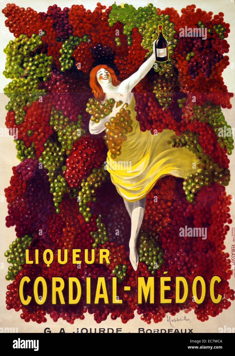 Poster advertising Liquor Cordial-Medoc by G. A. Jourde - Bordeaux. Shows a woman holding a bottle and grapes, against a background of grapes. Stock Photo