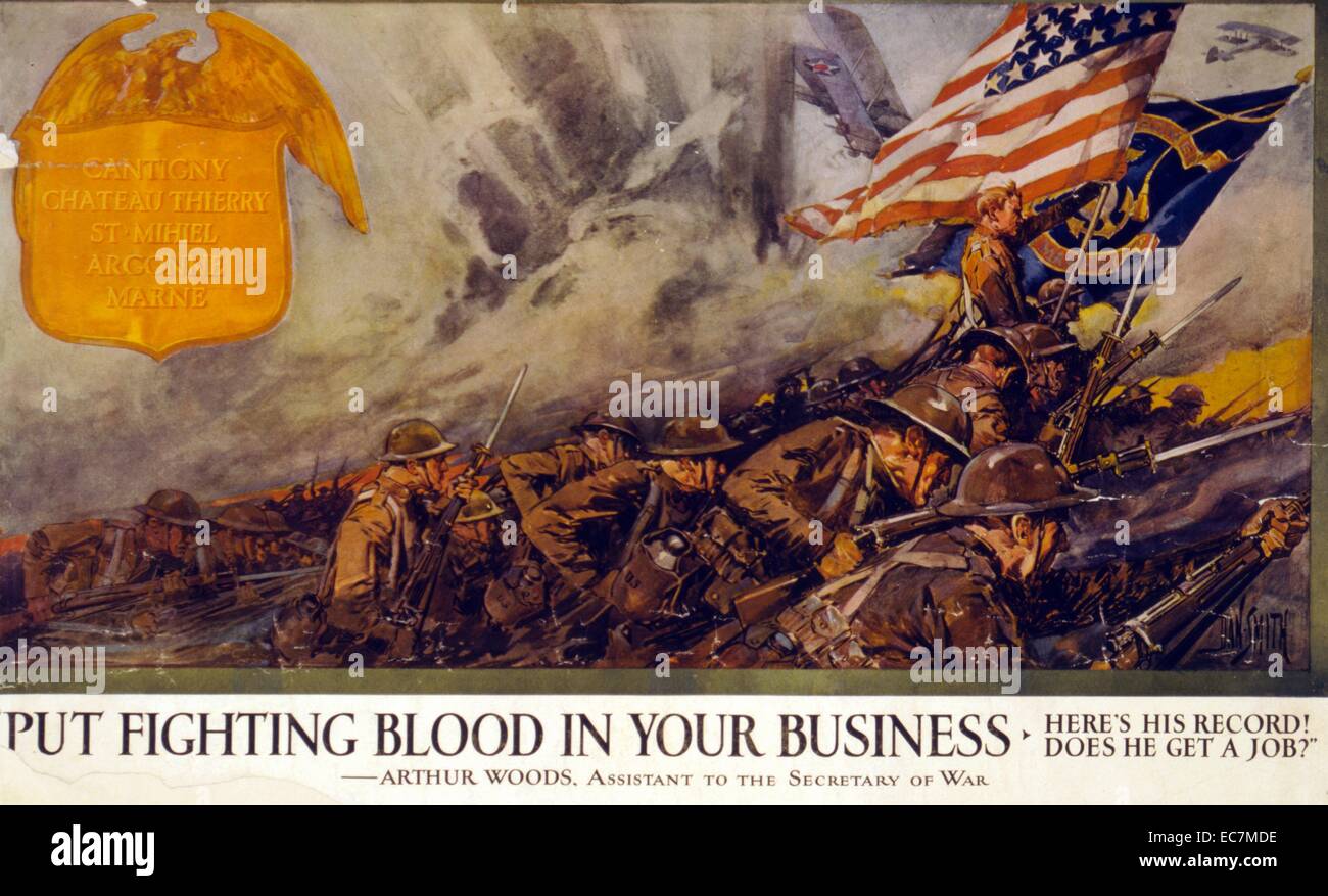 alcove Picket comment Put fighting blood in your business Here's his record! Does he get a job!'  U.S. Employment Service/American Red Cross poster showing U.S. Marines  engaged in battle in France; also shows a badge