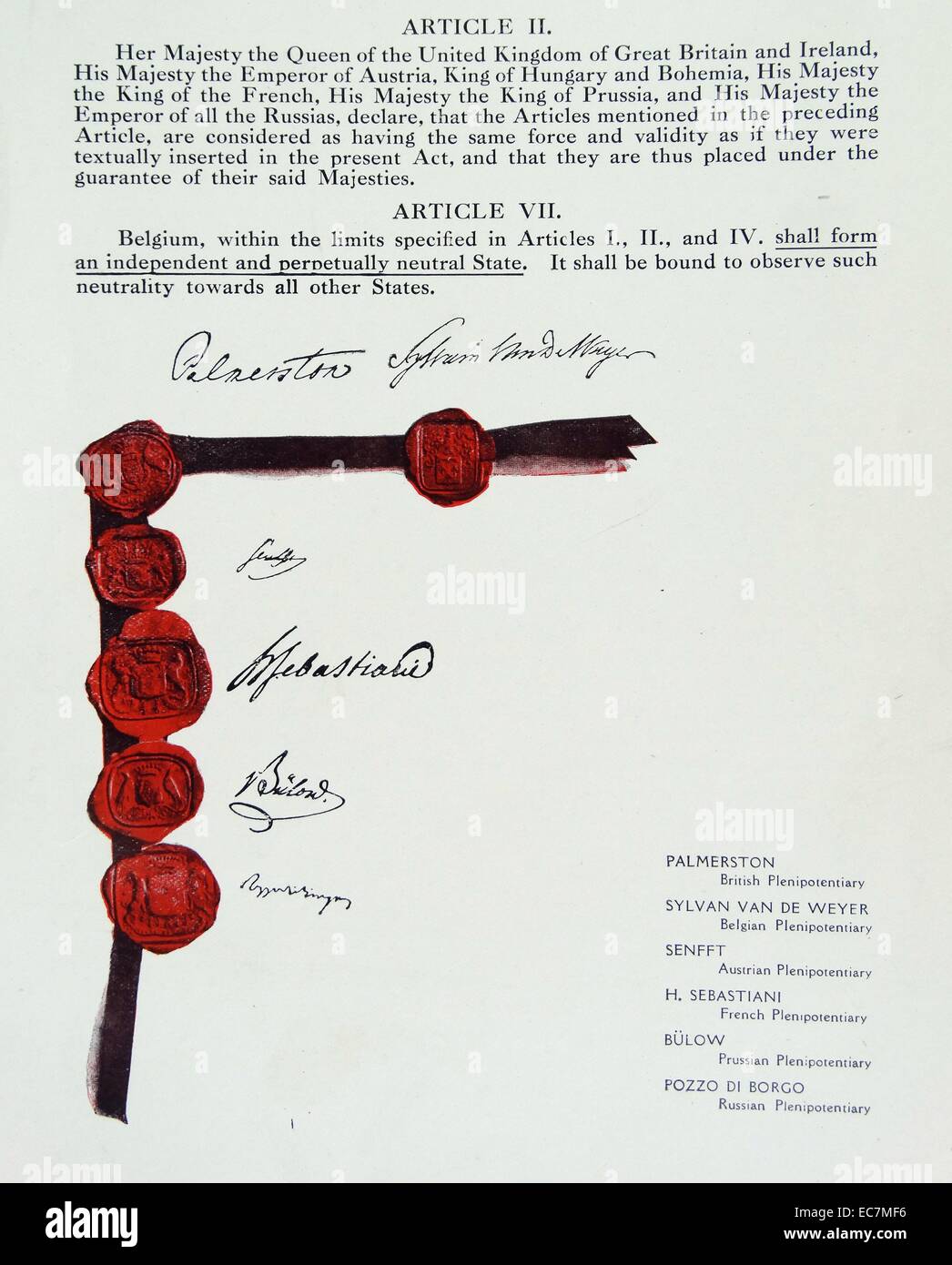 The Treaty of London signed on 19 April 1839 between the Concert of Europe, the United Kingdom of the Netherlands and the Kingdom of Belgium. Under the treaty, the European powers recognized and guaranteed the independence and neutrality of Belgium and confirmed the independence of the German-speaking part of Luxembourg Stock Photo