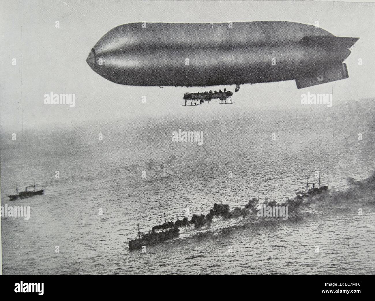 French airship escorts a naval flotilla during world war one Stock Photo