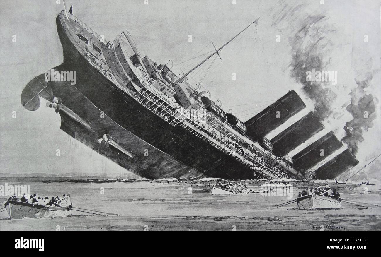 RMS Lusitania was a British ocean liner, holder of the Blue Riband and briefly the world's biggest ship. She was launched by the Cunard Line in 1906, at a time of fierce competition for the North Atlantic trade. In 1915 she was torpedoed and sunk by a German U-boat, causing the deaths of 1,198 passengers and crew Stock Photo