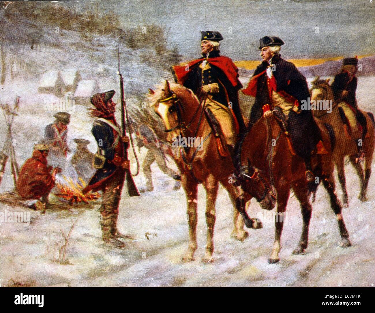 Washington and Lafayette at Valley Forge. Painting by John Ward Dunsmore. George Washington and Marquis de Lafayette on horseback at winter quarters in Valley Forge, Pa.; soldiers huddled around campfire in background. Stock Photo