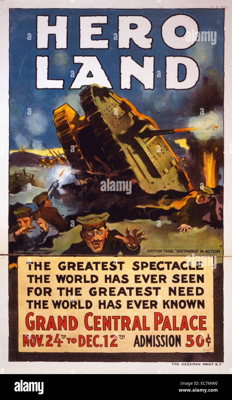 Hero land: The greatest spectacle the world has ever seen for the greatest need the world has ever known. Poster for a fundraising event, showing a battle scene with a tank. Stock Photo