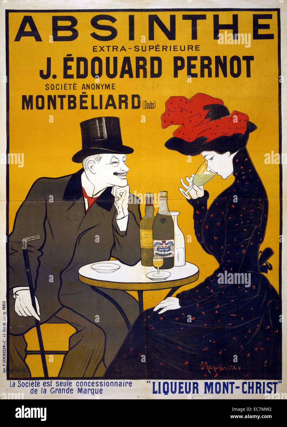 Advertisement for Absinthe extra-supérieure J. Édouard Pernot. Société Anonyme Montbéliard (Doubs) Liqueur Mont-Christ. Poster showing a man and woman at a cafe, he smiles and watches as she tastes his drink. Stock Photo