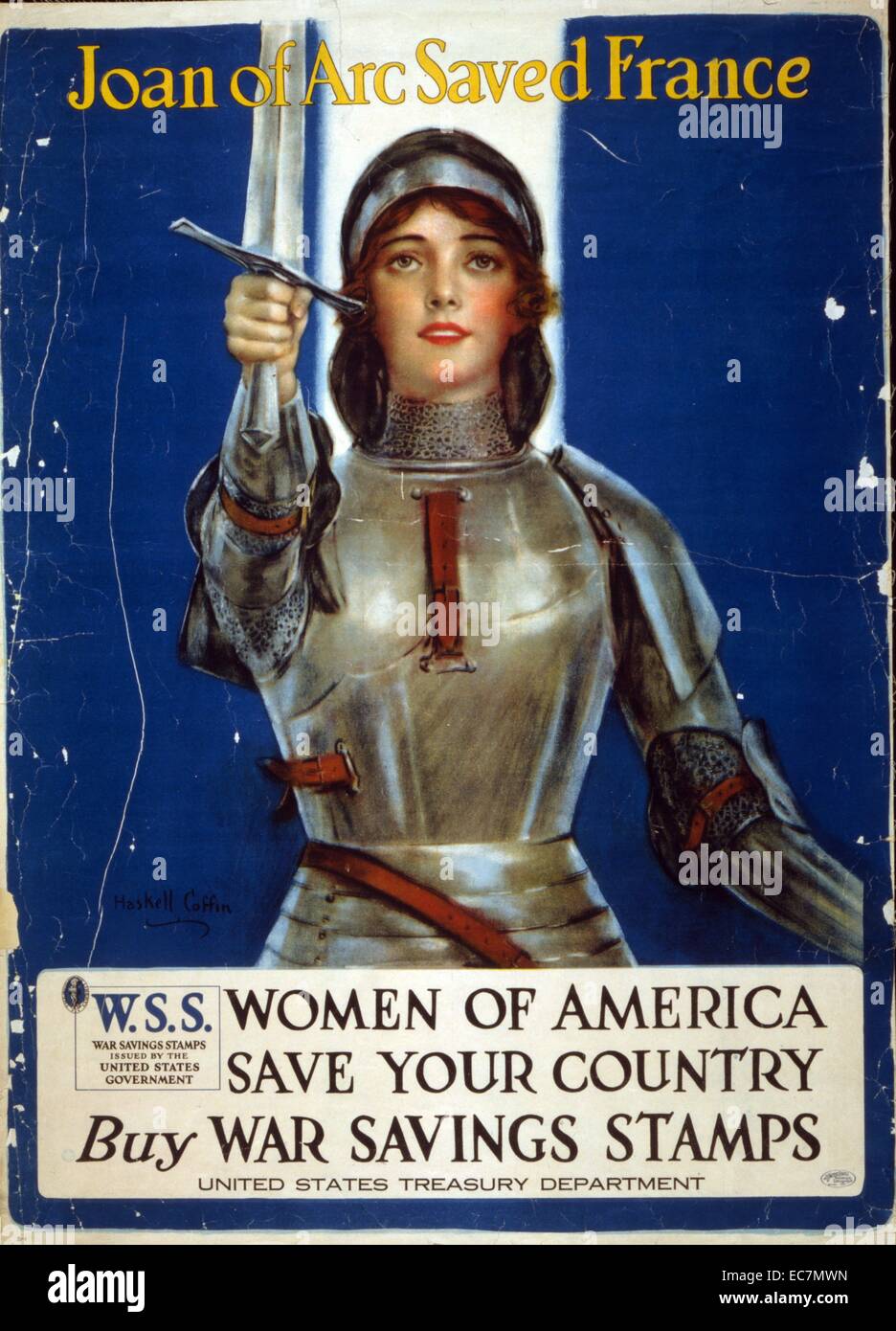 Joan of Arc saved France--Women of America, save your country--Buy War Savings Stamps. Poster showing Joan of Arc raising a sword. Stock Photo