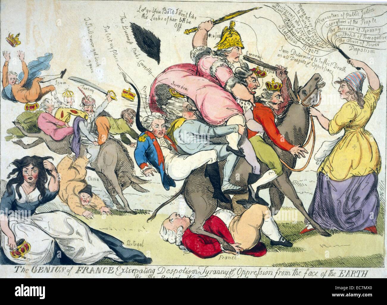 The genius of France extirpating despotism tyranny & oppression from the face of the earth Or the royal warriors defeated. Cartoon shows a woman wearing a liberty cap, representing the genius of France, holding a cat-o'-nine-tails in one hand and the reins of a donkey in the other. Stock Photo