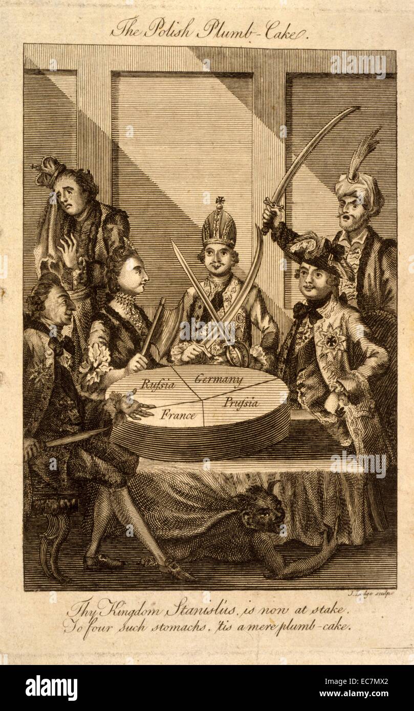 The Polish plumb-cake. Cartoon shows Leopold II and Frederick William II with swords drawn, Catherine II holding a cleaver, and Louis XV with a knife seated around a table on which rests a partitioned cake, representing Poland, each monarch getting a separate, but not equal share; in the background on the left stands a weeping king of Poland, on the right, with sword raised is the Sultan. Stock Photo
