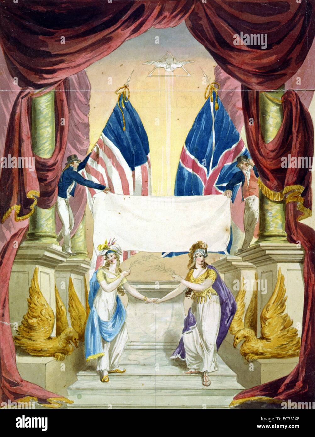 Peace. In an allegory of the Treaty of Ghent, signed on Dec. 24, 1814, Britannia and America hold olive branches before an altar. Sailors, holding British and American flags, hold an uninscribed banner. Through the drapes and pillars a dove flies out of a triangle. Stock Photo