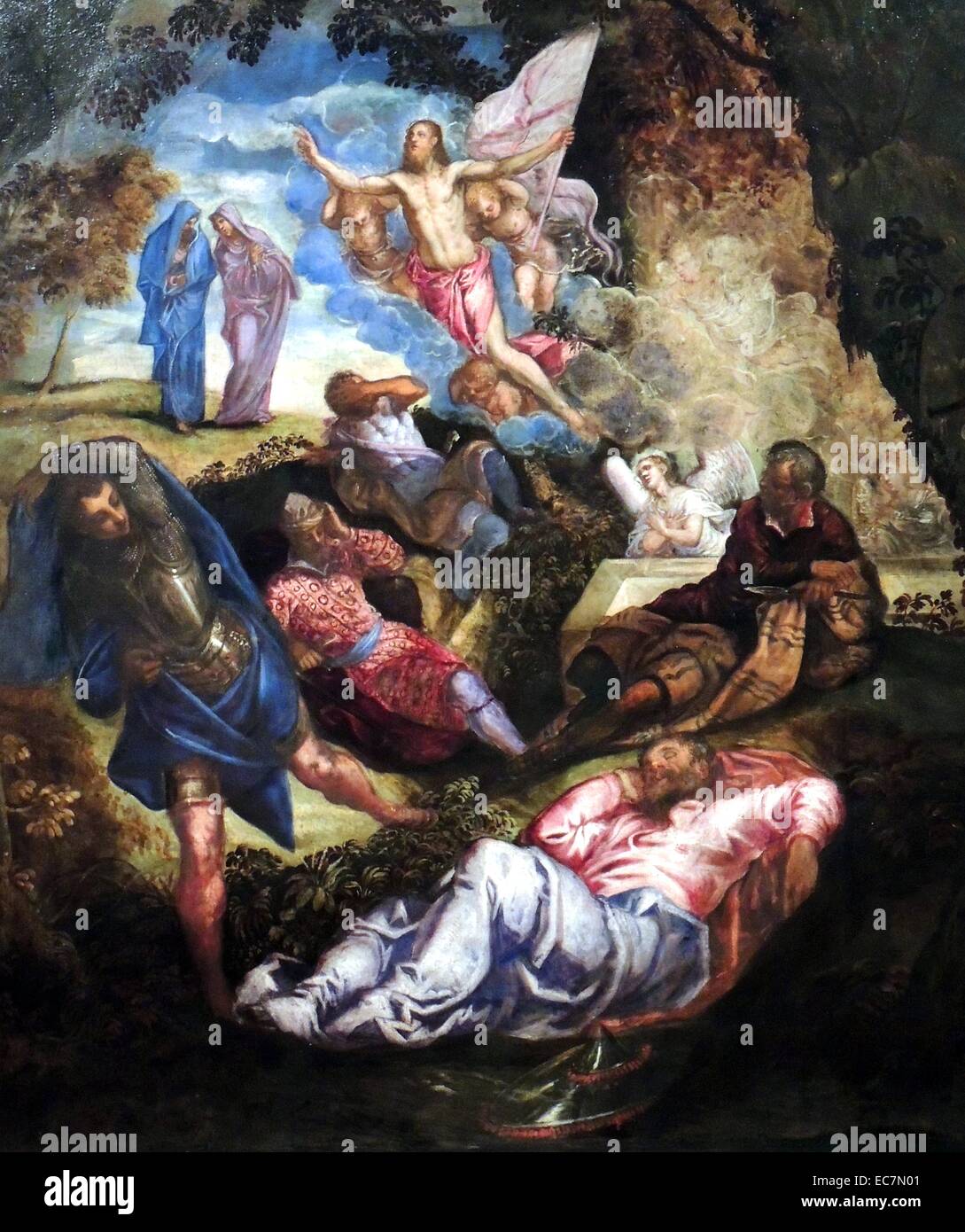 Jacopo Robusti, called Tintoretto (1519-1594), The Resurrection of Christ, oil on canvas.  Christ arises from his tomb in a burst of heavenly light.  This dynamic composition was originally shaped as an octagon.  It was intended to hang high, perhaps in one of the corners of a carved and gilded wooden ceiling. Stock Photo