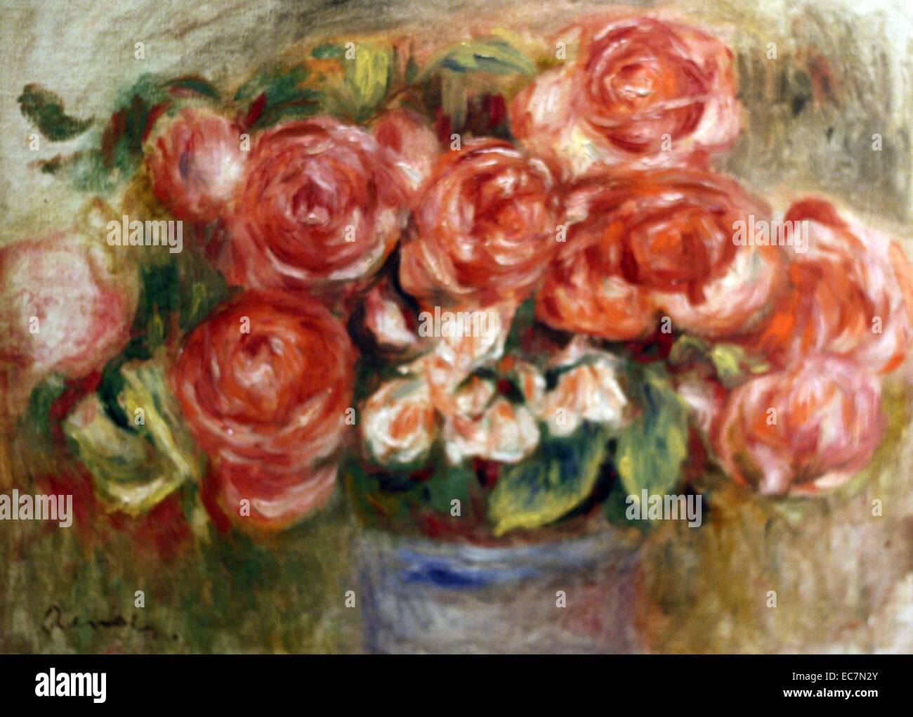 Pierre-Auguste Renoir (1841-1919) Still Life of Roses in a Vase, oil on canvas.  Towards the end of his life Renoir painted a large number of still life's of flowers.  These included a series of roses in round bowls.  They were painted quickly and show the artist making bold experiments with colour and tone, within the confines of a modest composition. Stock Photo