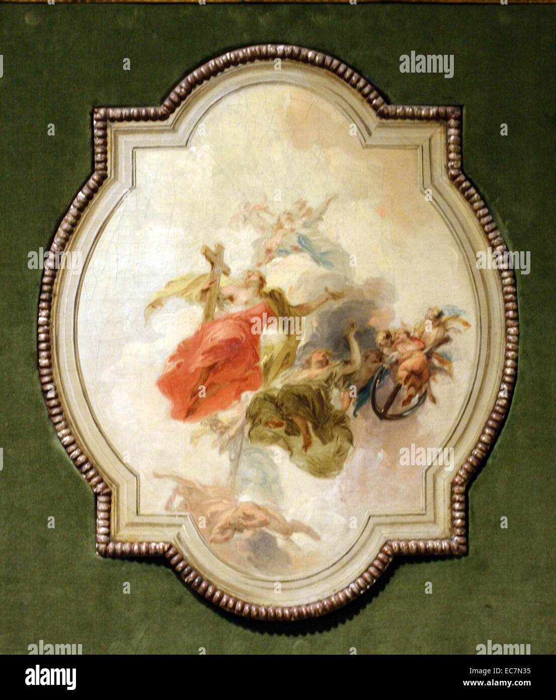 Jacob de Wit (1695-1754) Triumph of the Three Christian Virtues oil on panel.  De Wit worked as a decorative painter in Amsterdam from about 1715 until his death.  He was much in demand as a painter of ceilings and as a skilful painter of trompe l'oeil reliefs. Stock Photo