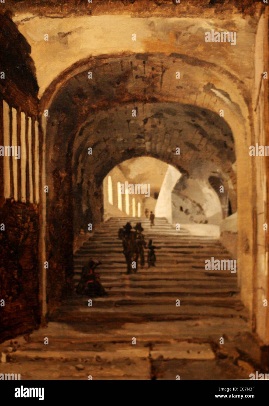 Attributed to Jean-Baptiste-Camille Corot (1796-1875) Staircase in the Entrance to the Villa of Maecenas at  Tivoli.  Oil on paper laid on canvas.  The Villa was constructed by the celebrated patron of the arts, Maecenas, who was also the epitome of decadence, on both counts.  He was a fascinating figure to artists visiting Rome. Stock Photo