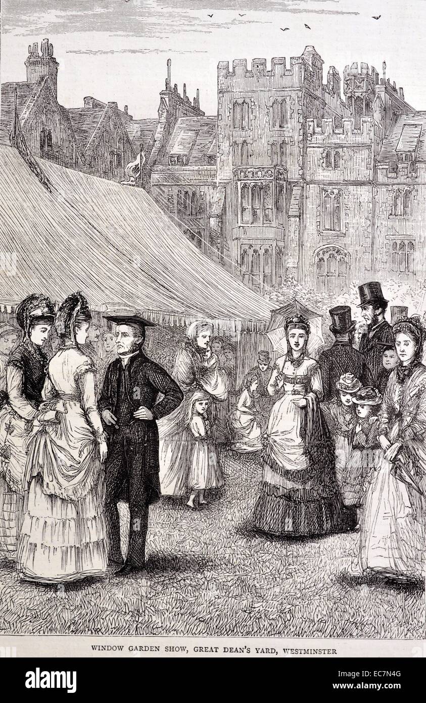 Engraving of the Window Garden Show held o the Great Dean's yard, Westminster. Dated 1870 Stock Photo