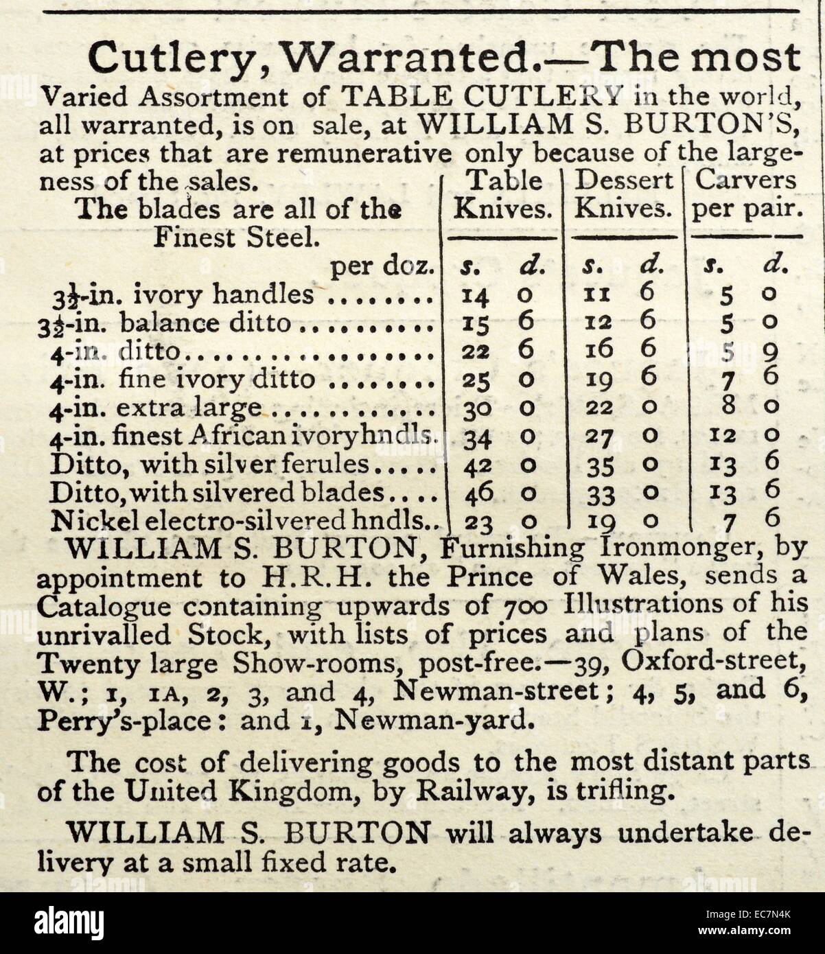 Advert in an English newspaper for stainless steel cutlery. Advert placed by the William Burton company. Adverts shows a price list for items including, ivory handles. 19th Century saw the growth of British steel industry, serving in industrial and domestic markets. Stock Photo