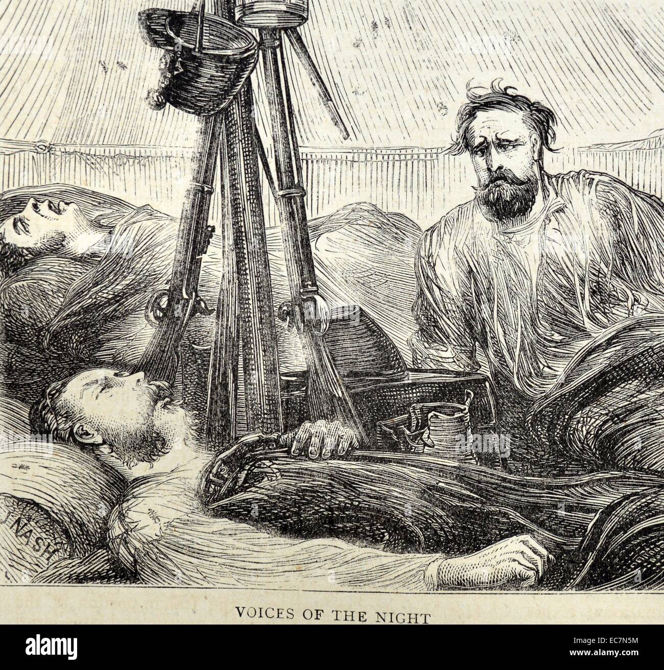 Engraving depicts a soldier awakening from a nightmare whilst the other men remain asleep. Dated 1870 Stock Photo