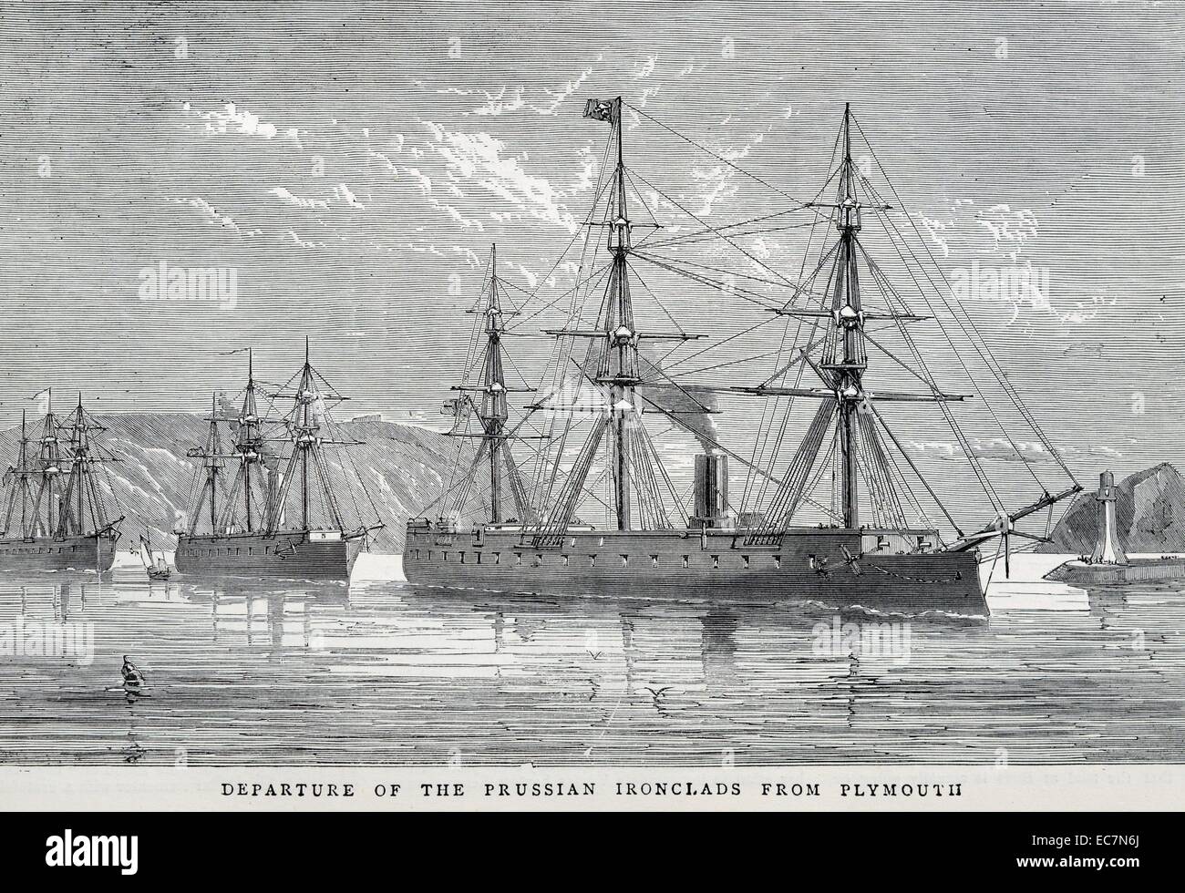 Engraving depicts the departure of the Prussian ironclads from Plymouth. An ironclad was a steam-propelled warship in the early part of the second half of the 19th century. Dated 1870 Stock Photo