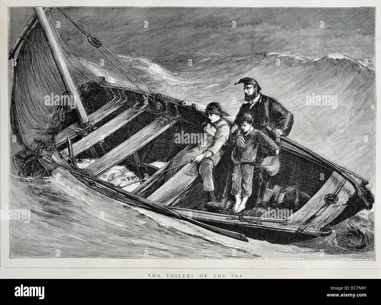 Engraving depicts Gilliatt from the novel 'Toilers of the Sea' battling against stormy conditions in search of Durande. Dated 1870 Stock Photo