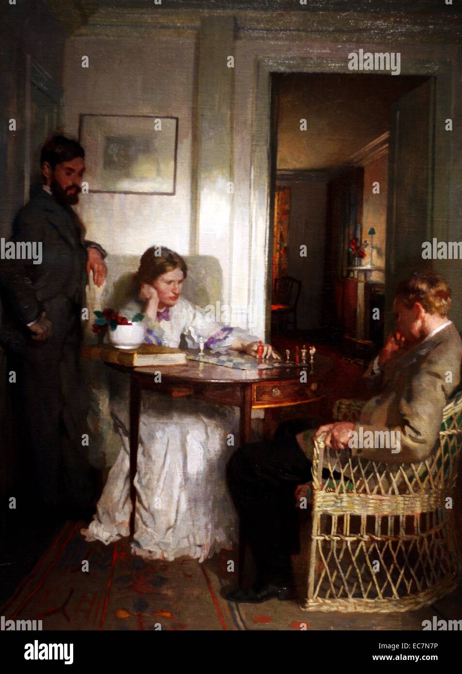 The Chess Player by Sir William Orpen (1878-1931).  This group portrait is one of Orpen's most sophisticated early works.  It includes portraits of the artist's wife (centre) and of Sir Francis Meynell (1891-1975) or his elder brother Everard Meynell (1885-1956).  The third figure may be the artist himself. Stock Photo