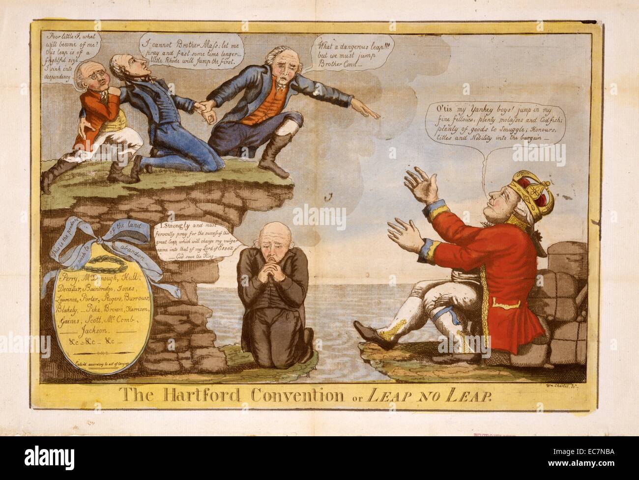 The Hartford Convention or Leap no leap by William Charles. Charles's satire attacks the Hartford Convention, a series of secret meetings of New England Federalists held in December 1814. The artist caricatures radical secessionist leader Timothy Pickering and lampoons the inclinations toward secession by convention members Rhode Island, Massachusetts, and Connecticut, alleging encouragement from English King George III. Stock Photo