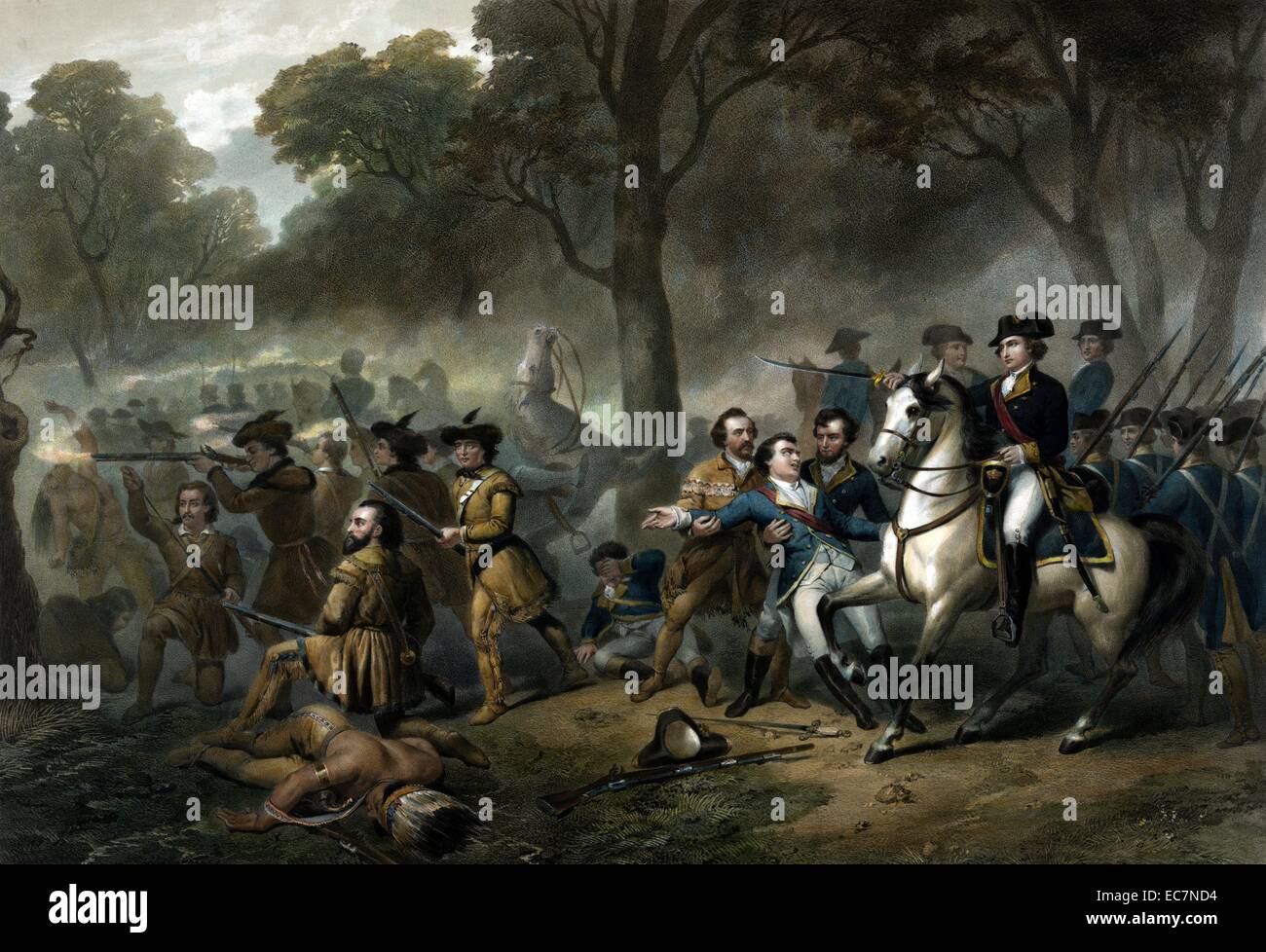 Life of George Washington - The Soldier. George Washington on horse, soldiers fighting during the battle of the Monongahela. Stock Photo
