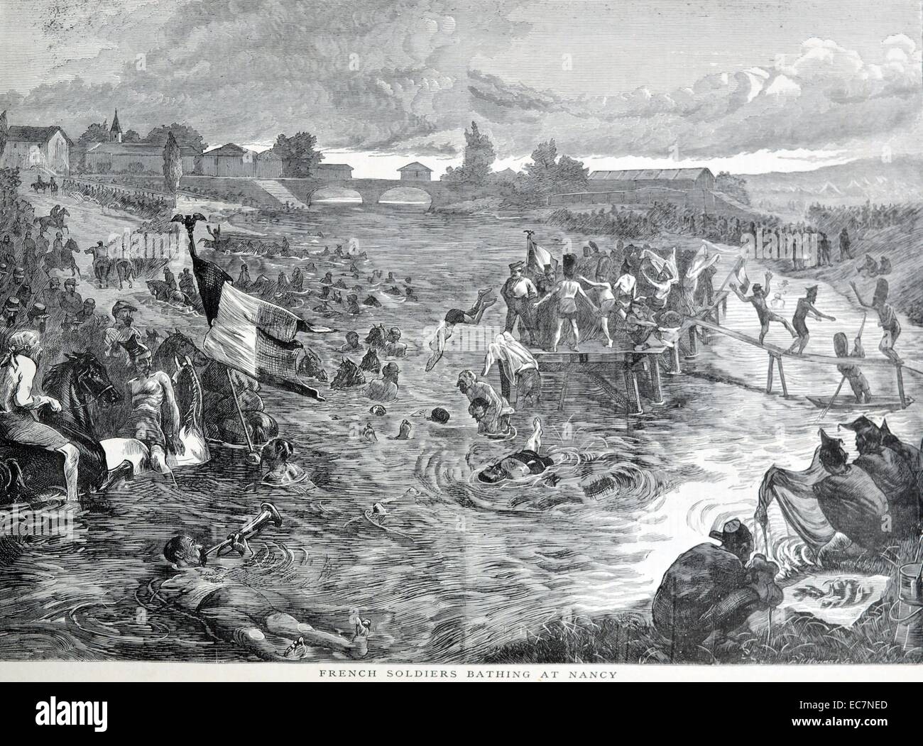 Engraving depicts french soldiers bathing hires stock photography and