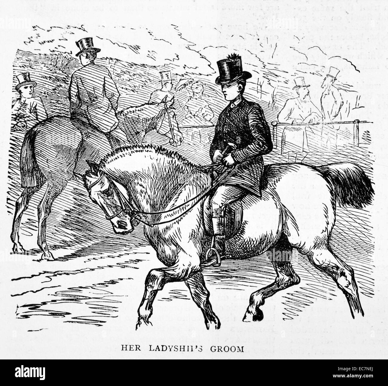 Engraving horse rider formal upper class ladyship groom 19th century