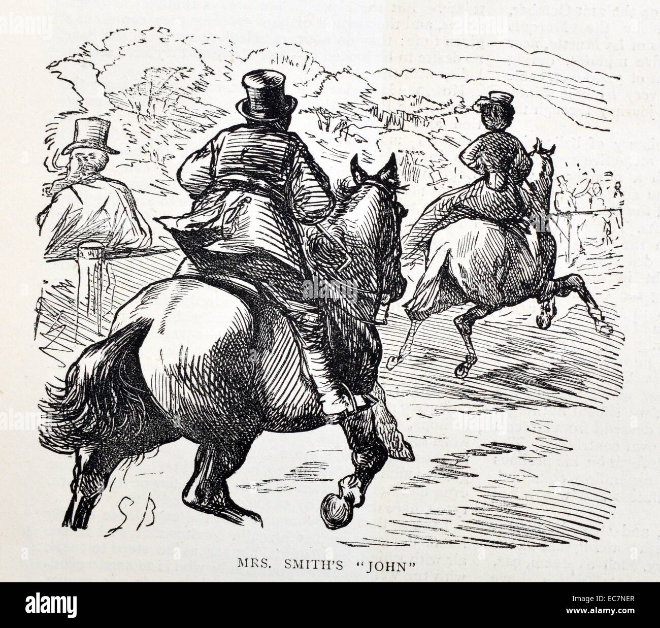 Engraving depicts a formally dressed woman riding a horse ahead of a man. Dated 1870 Stock Photo