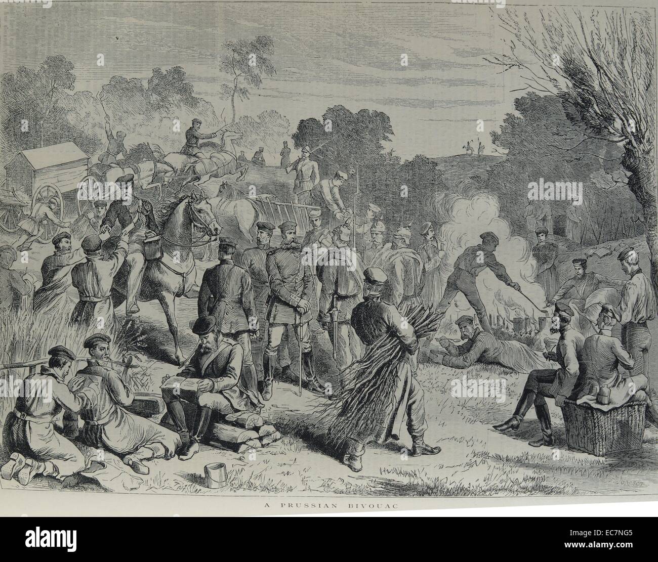 Engraving depicts Prussian soldiers at a Prussian bivouac. Dated 1870 Stock Photo