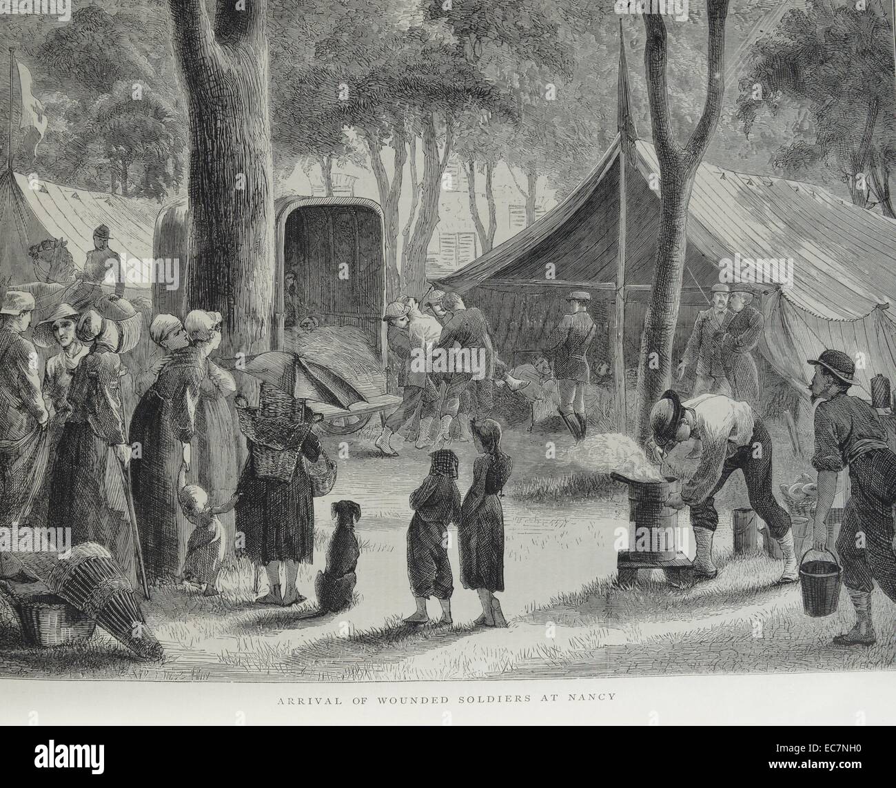 Engraving depicts the arrival of the wounded soldiers in Nancy. Dated 1870 Stock Photo