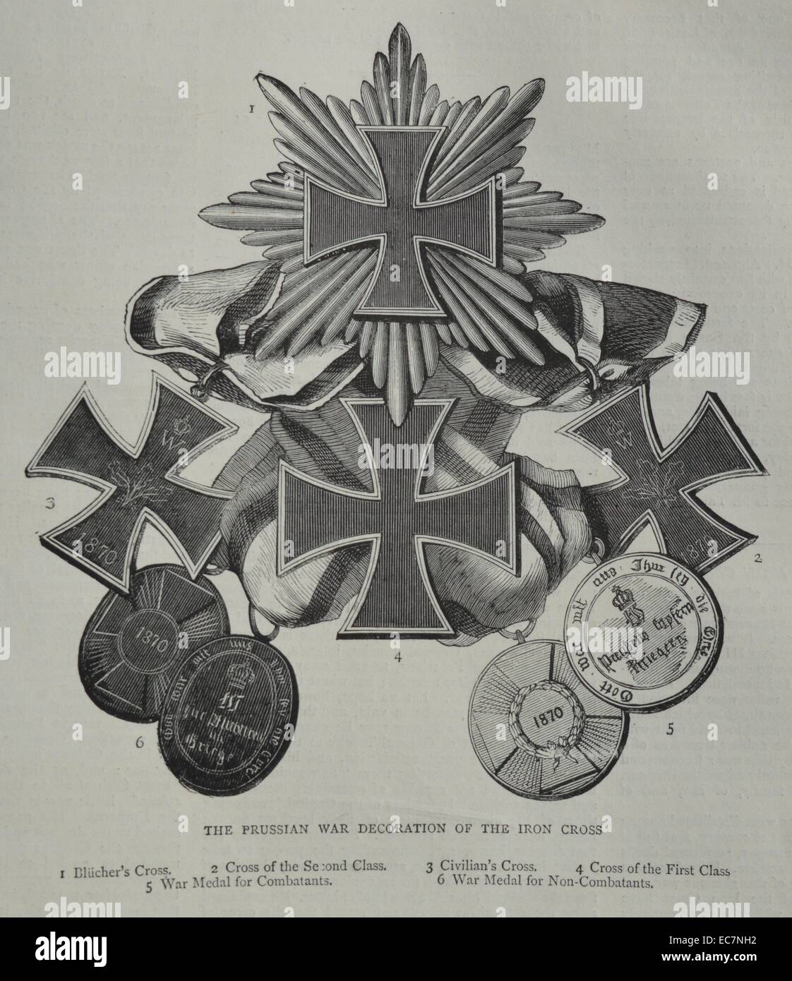Engraving of the Prussian war decoration of the Iron Cross. 1. Blücher's Cross, 2. Cross of the Second Class, 3. Civilian's Cross, 4. Cross of the First Class, 5. War Medal for Combatants, 6. War Medal for Non-Combatants. Dated 1870 Stock Photo
