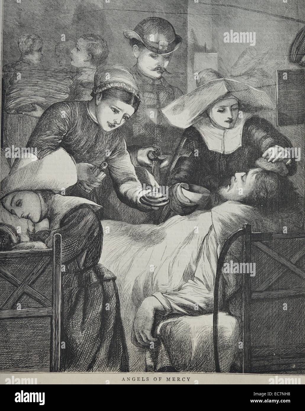 Engraving depicts sisters nursing the wounded. Dated 1870 Stock Photo