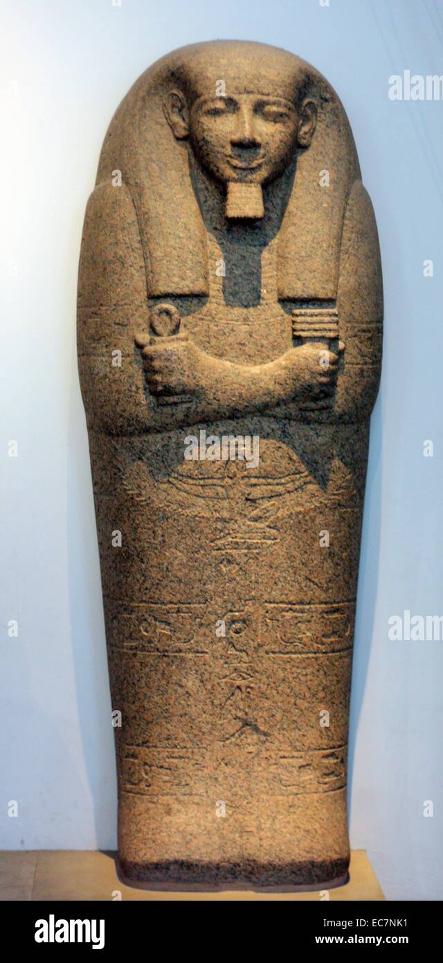 Red granite sarcophagus lid of Pahemnetjer.  19th dynasty, about 1250 BC. From Saqqara.  This lid belonged to the coffin of the high priest of Ptah at Memphis, Pahemnetjer.  The figure of Nut can be seen on the chest. Stock Photo