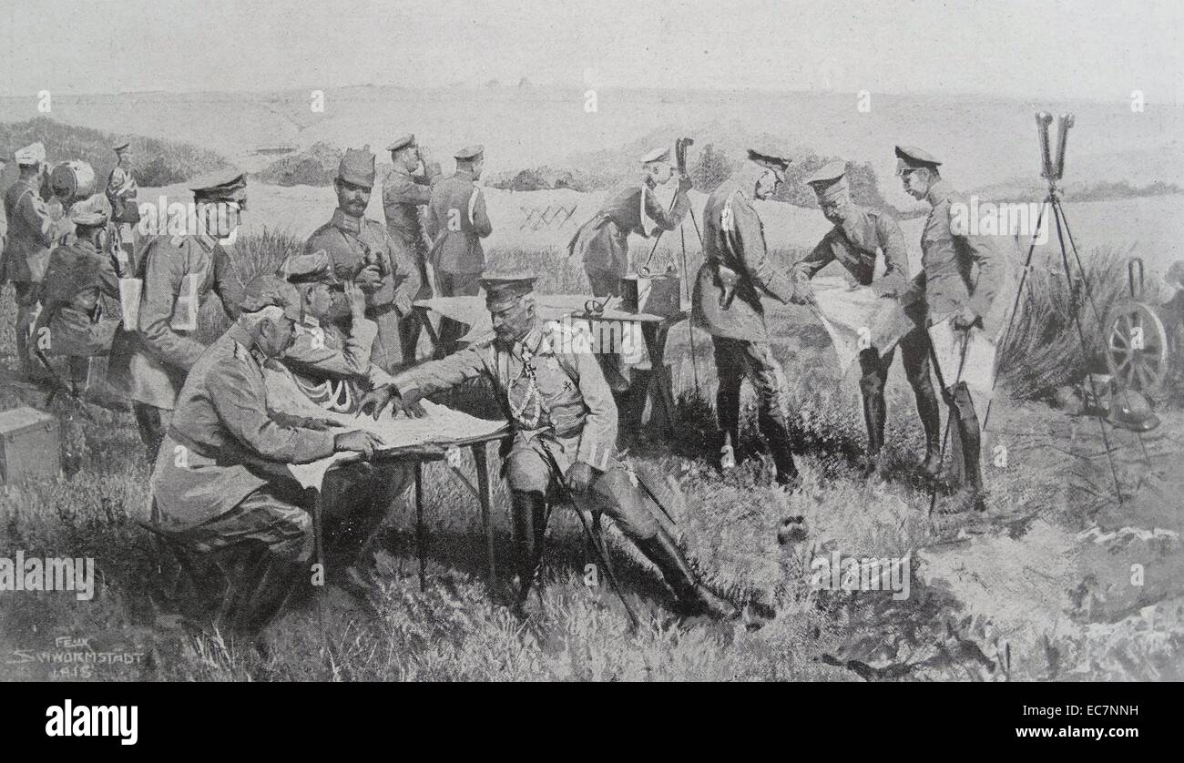 Generals Hindenburg and Ludendorff brief the German Kaiser Wilhelm II and the Crown Prince at The Battle of Soissons during World War One July 1918 Stock Photo