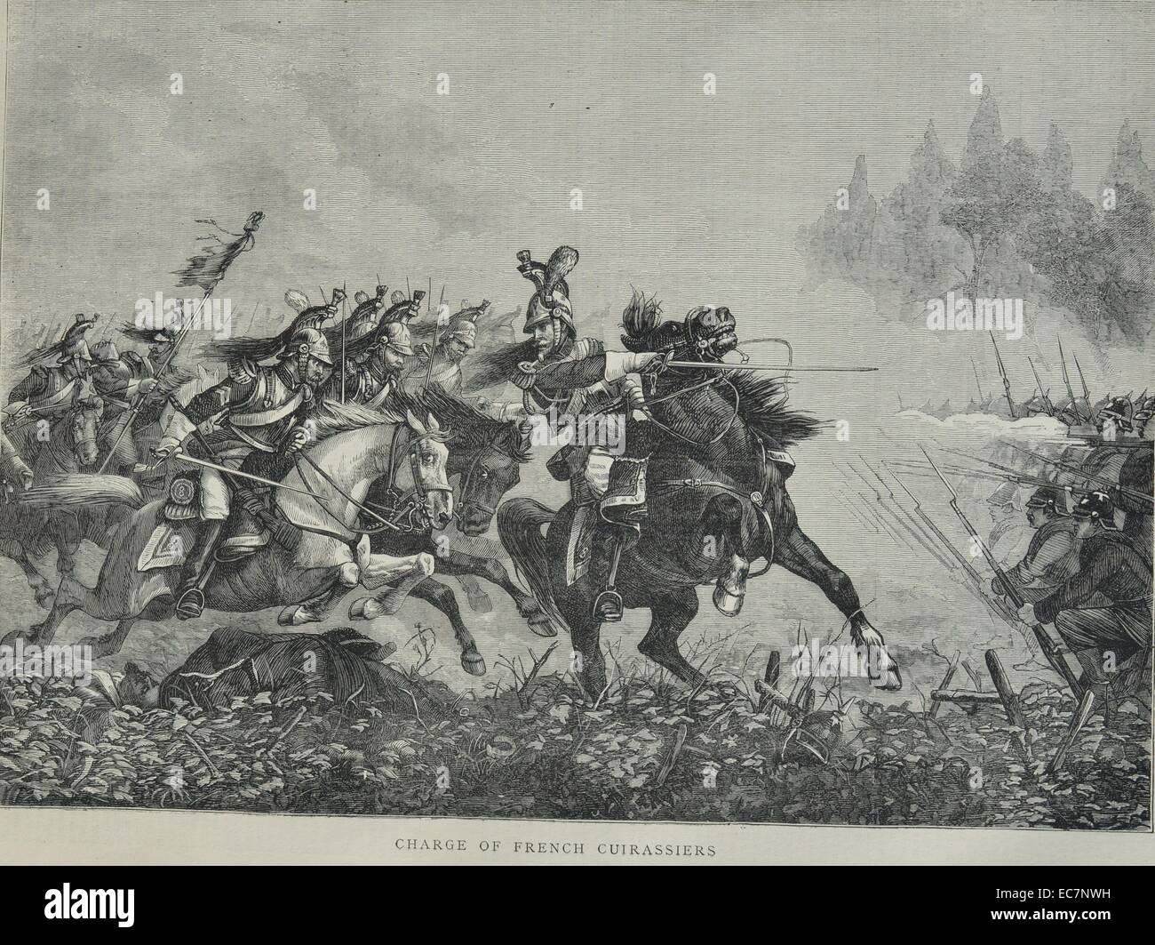 Engraving depicts the charge of French Cuirassiers a mounted cavalry