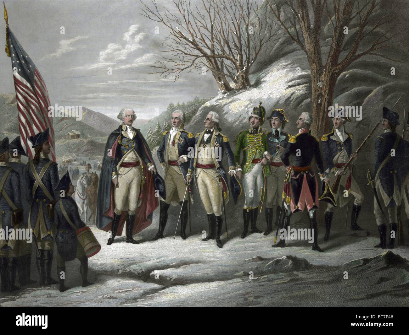 Die Helden der Revolution. General Washington standing with Johann De Kalb, Baron von Steuben, Kazimierz Pulaski, Tadeusz Kosciuszko, Lafayette, John Muhlenberg, and other officers during the Revolutionary War. Stock Photo