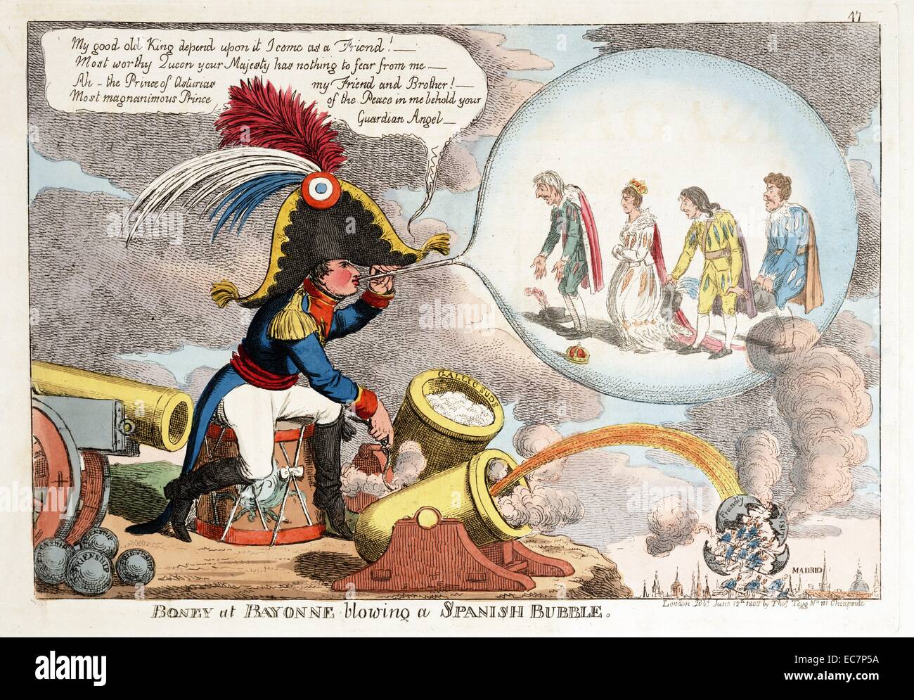 Boney at Bayonne blowing a Spanish bubble. Print shows Napoleon convincing the Spanish royalty, who are enclosed in a bubble, of his friendship as he fires a cannonball at Madrid. Stock Photo