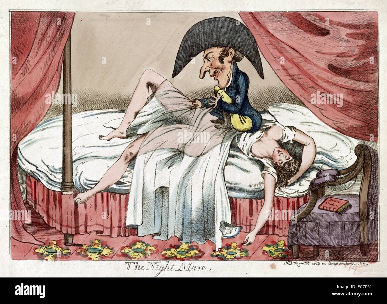 The night mare. Cartoon shows a scantily clad woman asleep on a bed, a little man sitting on her chest pulling back her see-through covers, as one of her arms hangs to the floor near a chamber pot (written on it: 'Source of Nile') and a book on a chair titled 'Bruces Travels.' Stock Photo