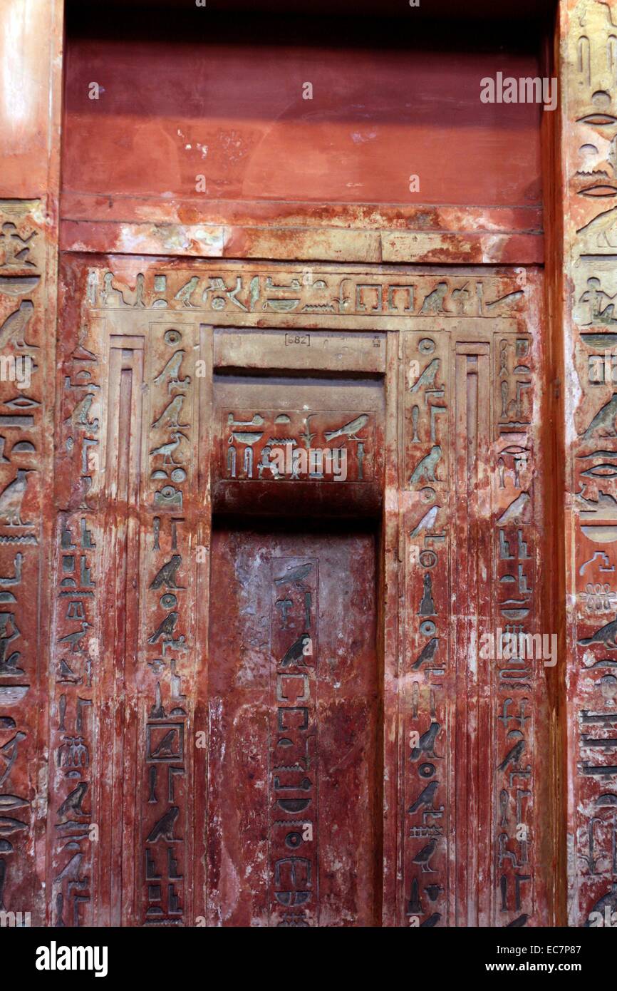 Limestone false door and architrave of Ptahshepses, 5th dynasty, about 2400BC from Saqqara.  The panelled slabs on each side of the door are inscribed with a biography of Ptahshepses, recording his birth in the reign of King Menkaure as well as his marriage to princess Khamaat. Stock Photo