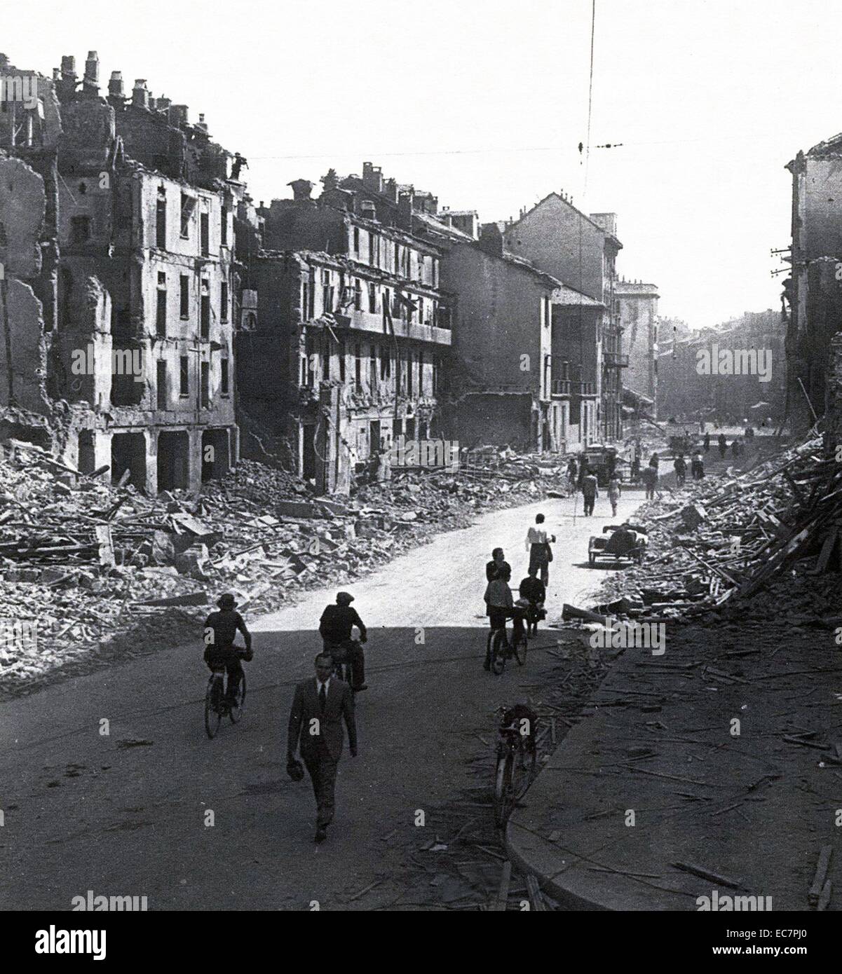 Photograph of the aftermath of bombing in Milan. Dated 1943 Stock Photo