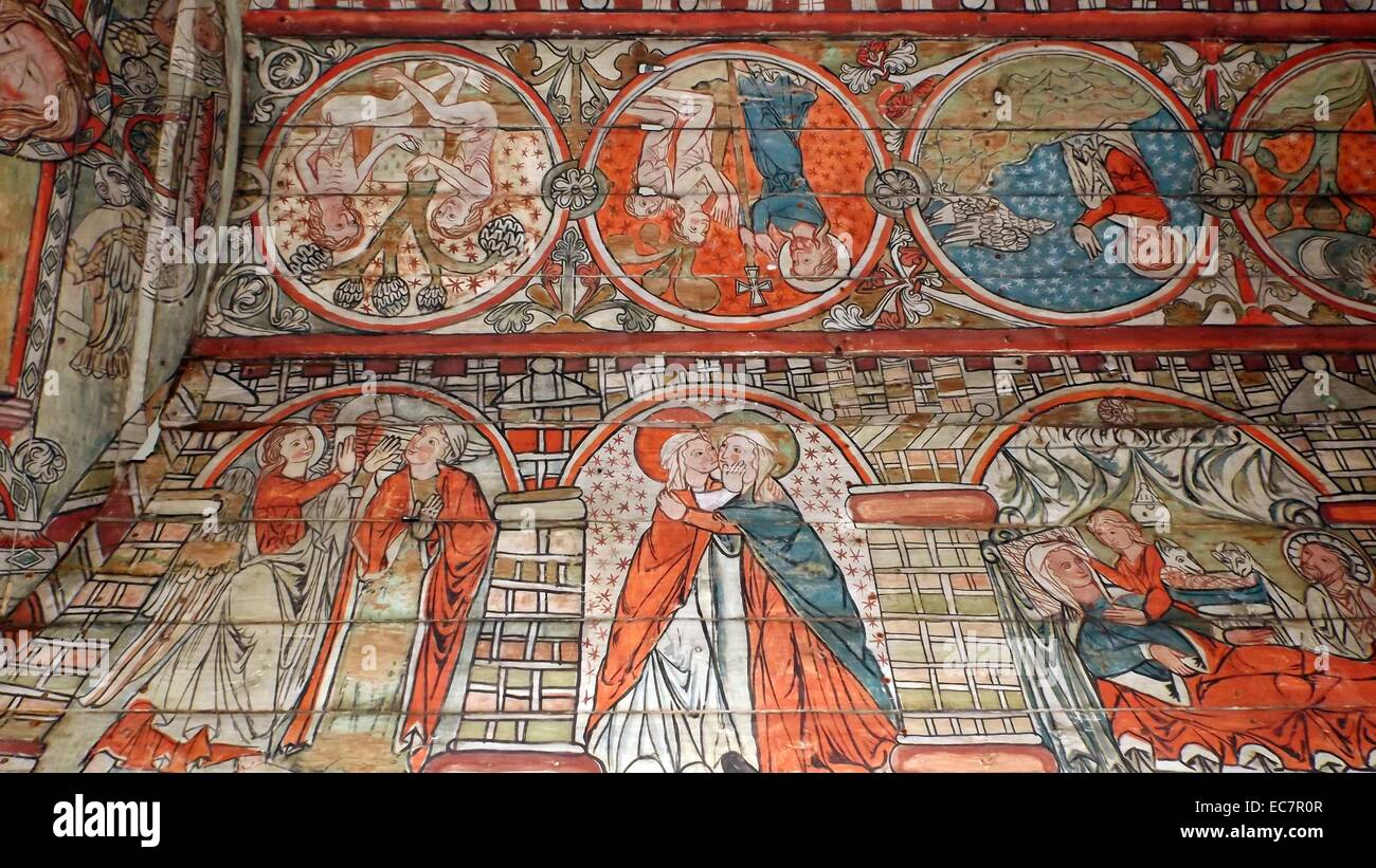 The ceiling panels preserved from a Norwegian Church dating to 1200 AD. Bible scenes are shown Stock Photo