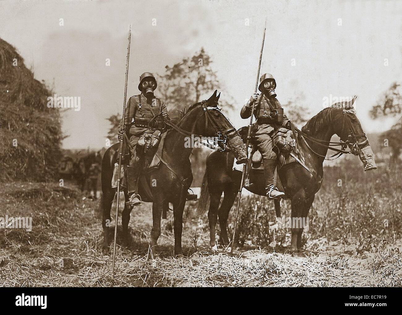 Photograph of gas-masked German cavalry. Dated 1918 Stock Photo