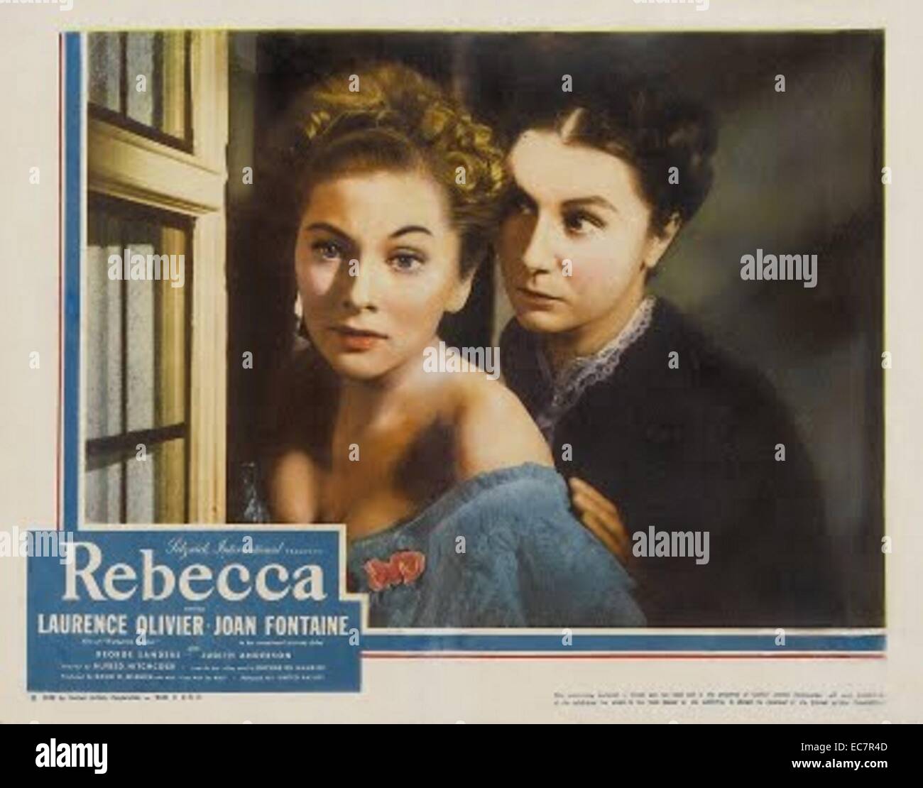 Lobby card for Rebecca, a 1940 American psychological drama-thriller film. Directed by Alfred Hitchcock, it was his first American project. Starring Laurence Olivier and Joan Fontaine. Stock Photo