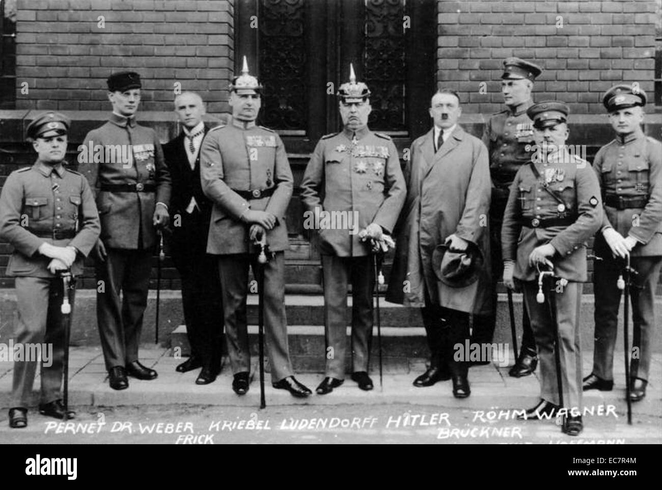 Defendants in the Beer Hall Putsch Trial. From left to right: Pernet, Weber, Frick, Kiebel, Ludendorff, Hitler, Bruckner, Röhm, and Wagner. The Putsch was a failed attempt by Hitler and the Nazi Party to seize power in Munich. Stock Photo
