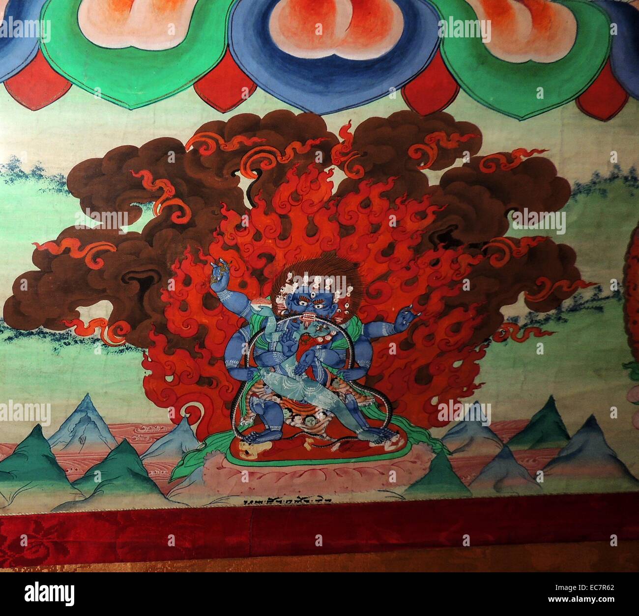 Tibetan thankas, (Buddhist temple paintings) - they were painted by different lama artists employed by the Norwegian missionary Theo Sorensen and came to the museum in 1922.  The thankas with their rich iconography present Buddhist teaching and dogmas, both systematically and historically from Buddha's time to the development of Tibetan variation. Stock Photo