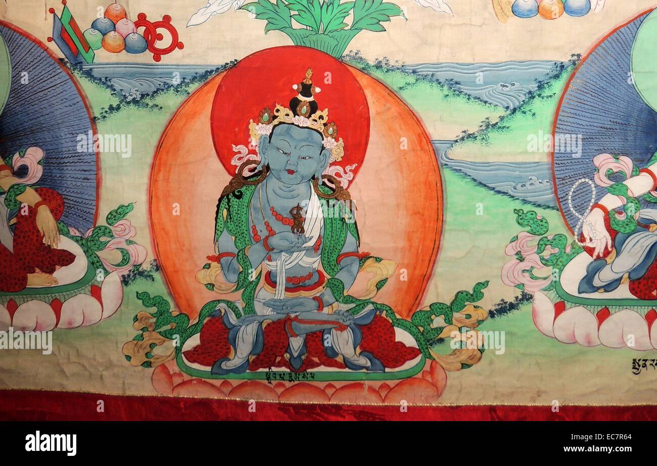 Tibetan thankas, (Buddhist temple paintings) - they were painted by different lama artists employed by the Norwegian missionary Theo Sorensen and came to the museum in 1922.  The thankas with their rich iconography present Buddhist teaching and dogmas, both systematically and historically from Buddha's time to the development of Tibetan variation. Stock Photo