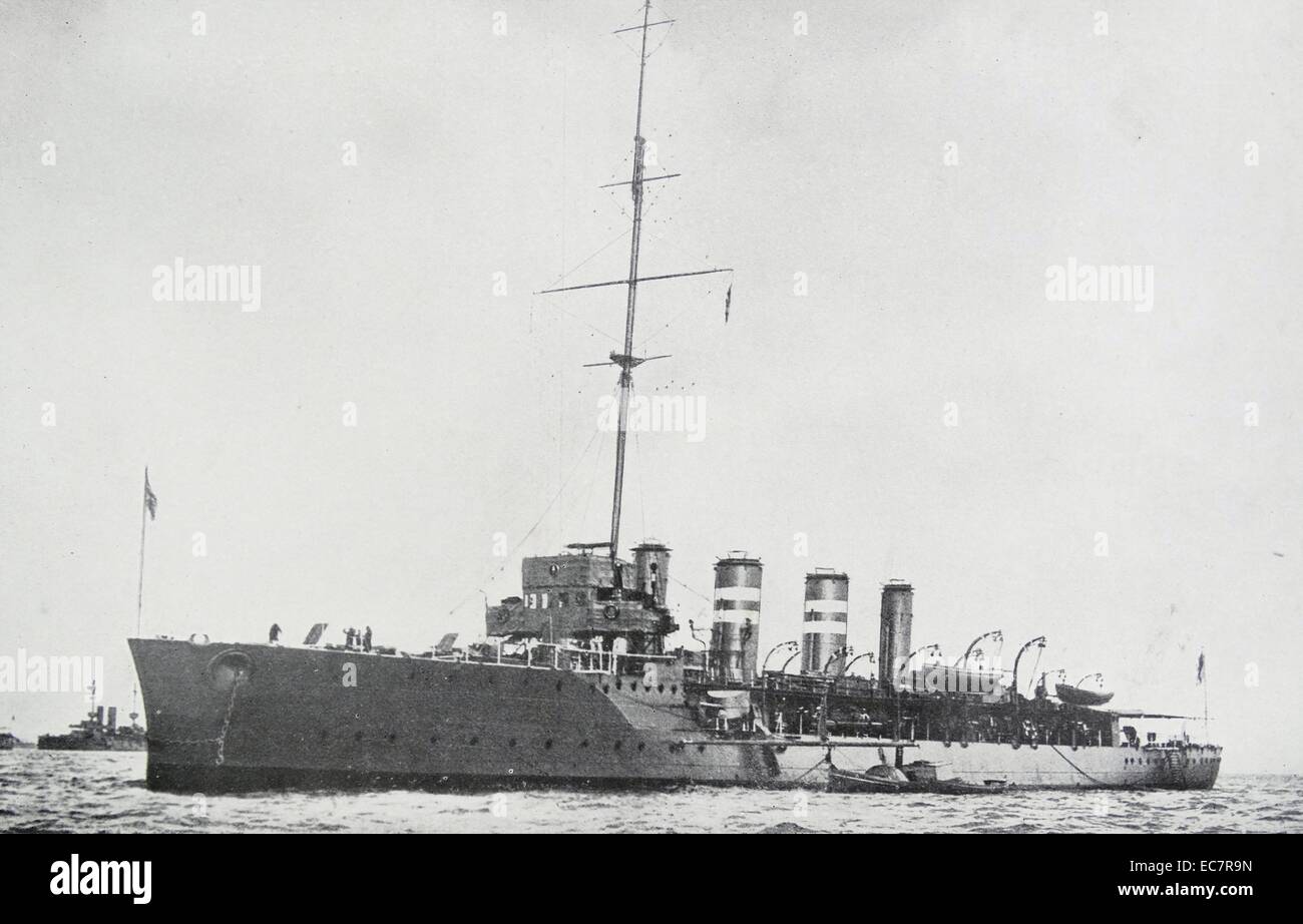 the HMS Amphion, a cruiser of the Royal navy. She became the first ship of the Royal Navy to be sunk in the First World War in August 1914 Stock Photo
